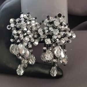 ❤️LOIS ANN Black Clear Crystal Cluster 2.5" Dangle Clip-On Earrings Signed